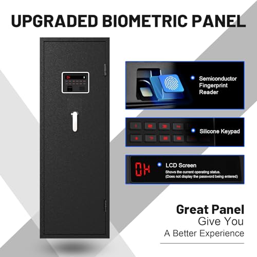 EMAXEE 7-8 Biometric Gun Safe Rifle, Large Gun Safes for Home Rifle and Pistols with Upgraded Control Panel and LED Light, Quick Access Fingerprint Gun Cabinet with Removable Shelf and Gun Racks EMAXEE