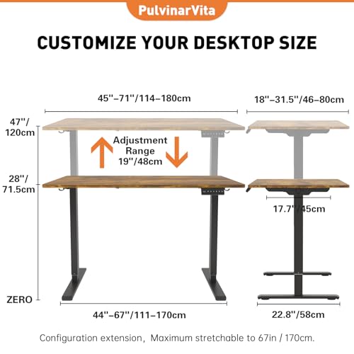 PulvinarVita Standing Desk Frame, Stand up Desk Frame Workstation, Electric Adjustable Legs, 3 Memory Height Settings, with Cable Management Tray and Storage Bag, 2pcs Headphone Hook PulvinarVita
