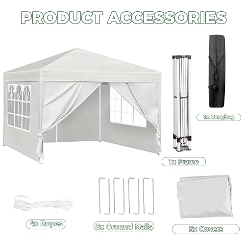 10X10FT White Pop Up Canopy Party Tent, Outdoor Commercial Instant Gazebo with 4 Removable Sidewalls for Events, Wedding, Backyard, Patio, Easy Set Up Sun Shade with Carrying Bag Usnipoya