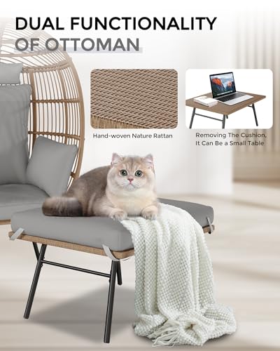 Wicker Egg Chair with Ottoman, Patio Lounge Egg Chair with Footrest, Comfy Hand-Made Rattan Chair with Thick Cusion & Metal Frame for Indoor, Outdoor, Patio and Porch, Grey Fitenlor