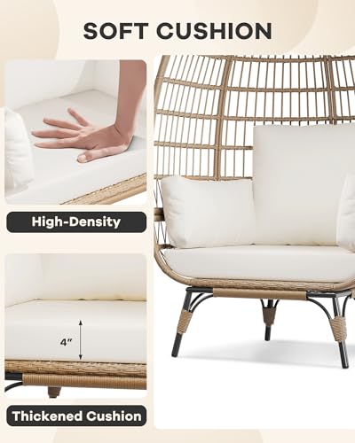 GarveeLife Oversize Rattan Egg Chair Indoor/Outdoor Wicker Egg Basket Lounge Chair Egg-Shaped Chair w/Steel Frame Stand and 4 Cushions for Patio, Porch, Beige GarveeLife