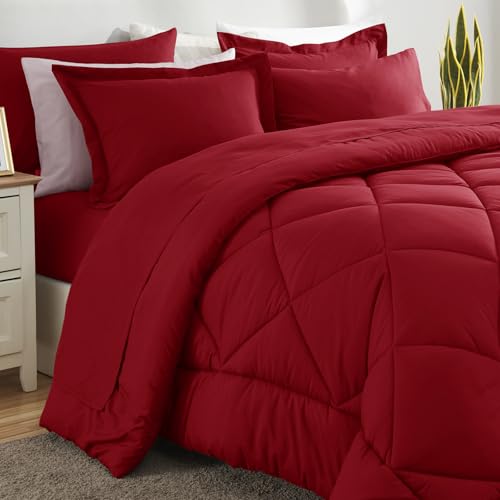 CozyLux King Size Comforter Set Dark Red - 7 Pieces Bed in a Bag King, Luxury Soft Bed Set for All Seasons, Bedding Set with Down Alternative Comforter, Sheets, Pillowcases & Shams