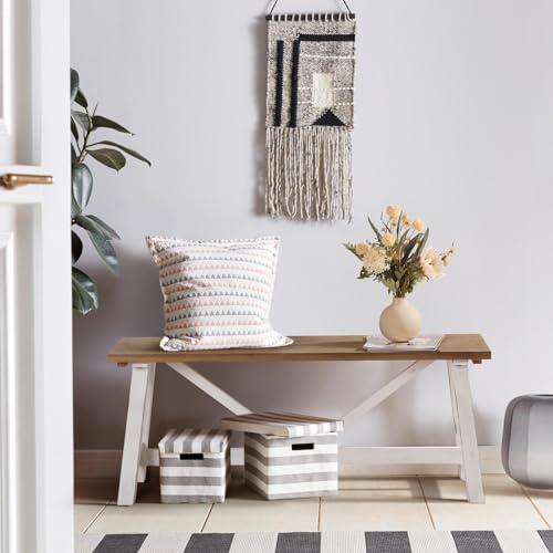 Wnutrees 43" Farmhouse Wood Bench, Narrow Bench, Long Bench Seat for Entryway, Living Room, Dining Room, Solid Wood, White Wnutrees