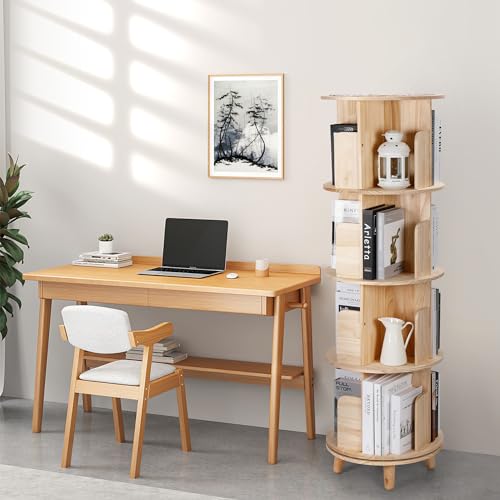 Rengue 4-Tier 360° Rotating Bookshelf Tower - Solid Wood Corner Organizer in Natural Finish Rengue