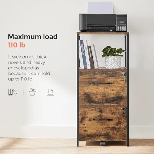 VASAGLE Cabinet for Home Office, with Lock and 2 Drawers, A4 and Letter Sized Files, Printer Stand, 15.8 x 16.1 x 42.5 Inches, Rustic Brown + Black VASAGLE