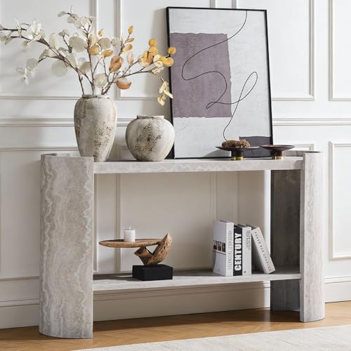 BFJDM 53" Faux Travertine Stone Console Table for Entryway, 2-Tier Sofa Entrance Table with Faux Mars Marble Pattern, Modern Sofa Tables with Storage Shelf for Living Room, Hallway, Foyer, Beige BFJDM