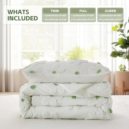 VIVILINEN Twin Comforter Set for Girls 2 Pieces Green Floral Twin Size Bedding Set Cute Comforter with Tufted Daisies Flowers, Lightweight Bed Set for Kids Teen Girls Women VIVILINEN