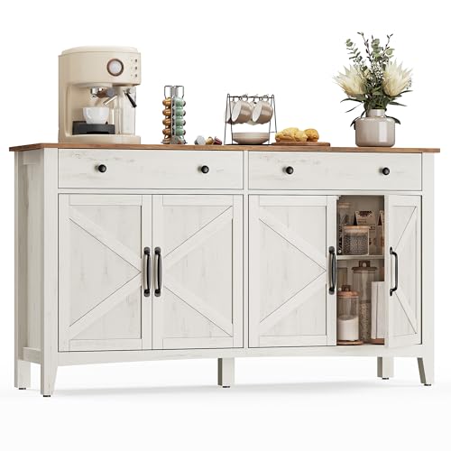 VASAGLE LIRY Collection - Buffet Cabinet, Coffee Bar Cabinet with 2 Drawers, Adjustable Shelves, Sideboard Storage with Cable Holes, Drawer Dividers, Rustic White and Honey Brown UBBK381W01 VASAGLE