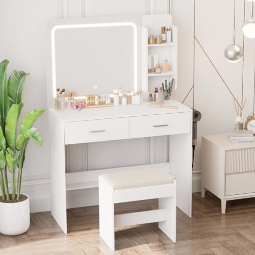Hogxp Makeup Vanity with Lighted Mirror & Electrical Outlet - 2 Shelves, 2 Drawers, Bottom Storage - Comes with Upholstered Stool (White) Hogxp