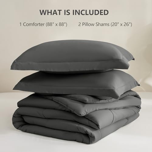 CozyLux Queen Comforter Set - Dark Grey Comforter Queen Size, 3 Pieces Box Stitched Bed Set for All Seasons, Soft Lightweight Bedding Sets with 1 Down Alternative Comforter and 2 Pillow Shams CozyLux