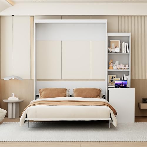 FAVSH Queen Size Murphy Bed Cabinet with Shelf and Hidden Table, Wood Hideaway Beds,Wall Bedframe for Bedroom,Space-Saving, Noise Free, White FAVSH