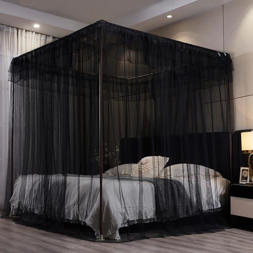 Kertnic Black Canopy Bed Curtains for Girls & Adults, Queen King Bed Canopy Drapes Netting, Practical Mosquito Net for Bed (King- 86" W*78" L*82" H)