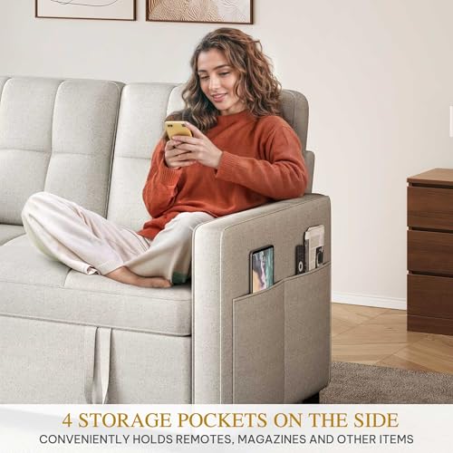 DWVO 55" Convertible Sofa Bed, 3-in-1 Sleeper Sofa with Pull-Out Bed, Linen Futon Couch with Adjustable Backrest and Side Pocket, Modern Loveseat for Living Room Apartment, Light Beige DWVO