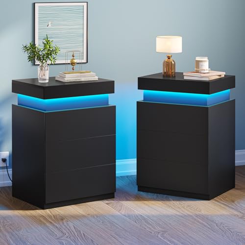 BTHFST LED Nightstands Set of 2,Night Stands for Bedroom Set of 2,Nightstand with Charging Station and Sliding Top,Bedside Table with Power Outlets & Drawers,Modern End Side Table (Black) BTHFST