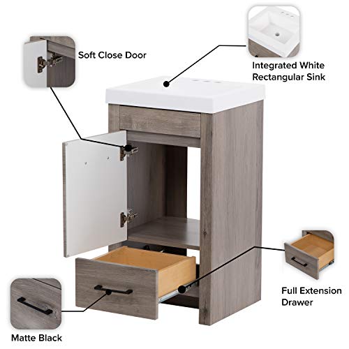 Spring Mill Cabinets Nixie 18 Inch Bathroom Vanity with White Single Sink Top, 1-Door Cabinet, 1 Drawer, 18.5" W x 16.75" D x 34.38" H, White Washed Oak Spring Mill Cabinets