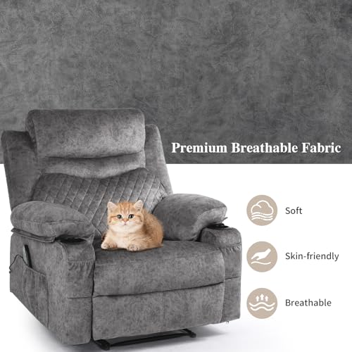 linting Overstuffed Massage Recliner Chair with Heat, Wide Seat Reclining Chair for Home Theater, Heated Massaging Manual Recliner Chairs with Cup Holders, Grey