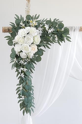 Olalaka White Artificial Wedding Arch Flowers Kit (Pack of 3) with 26Ft White Shiny Arch Draping Fabric for DIY Wedding Party Ceremony Reception Backdrop Floral Decoration Olalaka