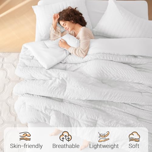 MUXHOMO 7 Pieces Queen Comforter Set, Seersucker Bed in a Bag Queen Size, All Season Luxury Bedding Set with Comforter, Flat Sheet, Fitted Sheet, Pillowcases & Shams, White MUXHOMO