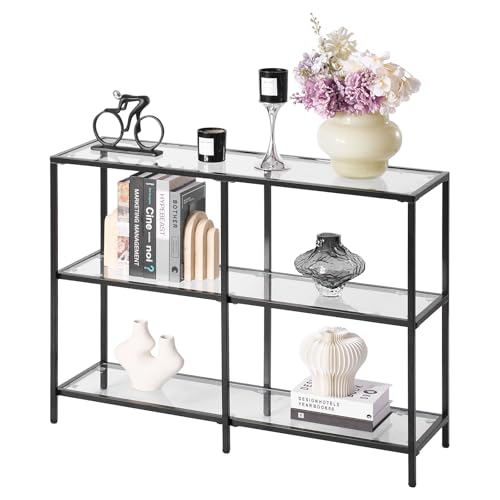 VEVOR 3-Tier Glass Console Table, Modern Rectangle Sofa Side Table with Tempered Glass Top and Iron Legs, Golden Consloe Desk with Anti-Tip Device for Living Room, Hallway, Entryway, Foyer, Black VEVOR
