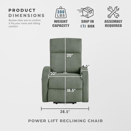 Lexicon Power Lift Recliner Chair for Elderly with Remote Control, Gentle Lift Motion, Side Pocket Armrest, Corduroy Upholstered Electric Recliner for Living Room/Bedroom, Easy Assembly, Green