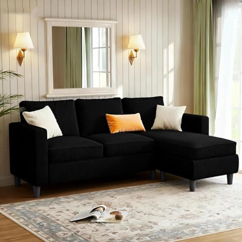 JAMFLY Couches for Living Room, 3-Seat Reversible Sectional Sofa with Convertible Ottoman, Modern Ribbed Fabric L-Shaped Couch for Small Apartment, Studio & Office, Easy Assembly, Black JAMFLY