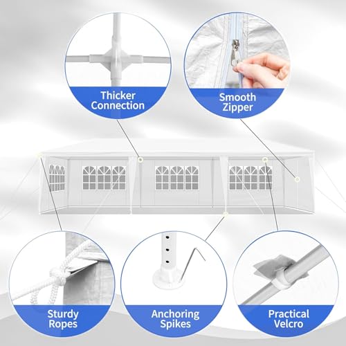 10'x30' Outdoor Canopy Tent, Party Tent with 5 Removable Sidewalls, Event Tents for Parties, Outside Waterproof Wedding Canopy for Birthday, Holiday (White,10x30FT-5Sides) DVIEN