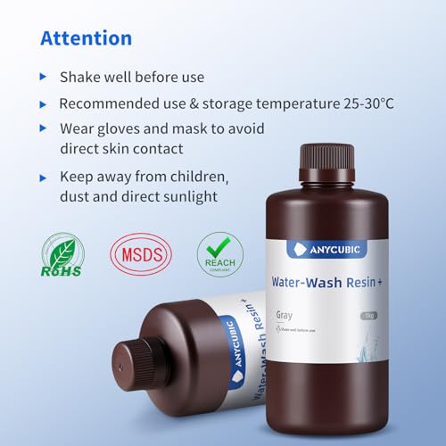 ANYCUBIC Water Washable 3D Printer Resin, 405nm High Precision UV-Curing 3D Resin, Low Shrinkage Standard Photopolymer Resin for 8K Capable LCD DLP Resin 3D Printer Printing (Grey + Grey, 2000g) ANYCUBIC