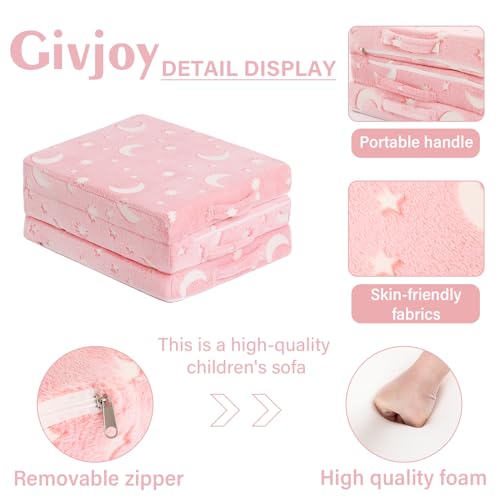 Givjoy Foldable Floor Mattress for Kids, Glow in The Dark Pink Moon Toddler Washable Tri Folding Floor Mat for Nap Daycare, Child Trifold Futon Sofa Bed with Storage Bag for Playroom Girls and Boys Givjoy