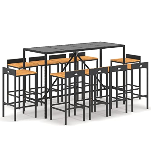 11 Piece Patio Bar Set Black Poly Rattan& Solid Wood Acacia,Outdoor Bar Set with Weatherresistant Materials and Comfortable Seating for Gardens and Patios Patio Furniture, Outdoor Furniture Sets RINDIGOO