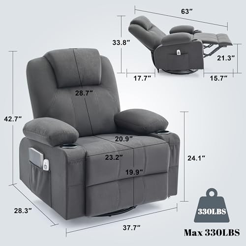Weture Oversized Swivel Rocker Recliner Chair with Heat and Massage, Big Large Recliner Chair for Living Room, 360 Degree Swivel Rocking Single Sofa with Cup Holders and USB Port (Fabric, Darkgrey)
