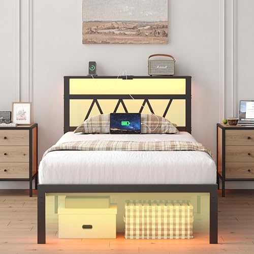 HuaYing Twin Bed Frame with Smart LED Lights, Storage Headboard and USB Charging Station,Heavy Duty Wooden Slats, No Box Spring Needed, Noise Free, Easy Assembly (Classic Black, Twin) HuaYing