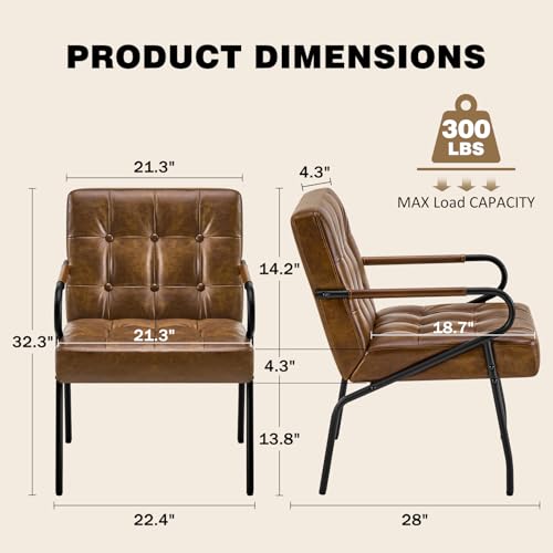 Modern Leather Accent Chair, Mid-Century Reading Chairs for Adults Comfy Lounge Armchair with Thick Cushion Metal Frame, 300lbs Capacity, Living Room/Waiting Room/Bedroom/Office, Brown Furnicomfy