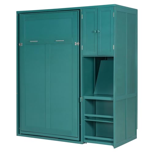 KALALLA Twin Size Rotating Wall Murphy Bed with Bookshelf, Top Cabinet, Horizontal Murphy Bed Frame with Extendable Desk & Side Storage, Space Saving, Boys Girls Kids Adults, Teal KALALLA
