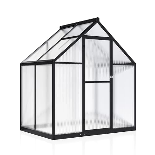 VIWAT 4x6 FT Greenhouse for Outdoors, Polycarbonate Greenhouse with Quick Setup Structure and Roof Vent, Aluminum Large Walk-in Greenhouse for Outside Garden Backyard, Black VIWAT