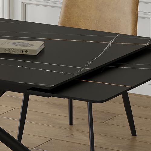 Runboll Extendable Rectangular Dining Table Set for 8, 47"-71" Modern Sintered Stone Kitchen Table with 8 Chairs and Carbon Steel Legs for Dining Room Family Gathering Runboll