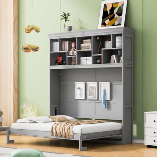 Queen Horizontal Murphy Bed Cabinet with Storage Bookcase Shelves and Charging Station,Wood Folding Grey Murphy Wall Bed for Adult (Grey) MERITLINE