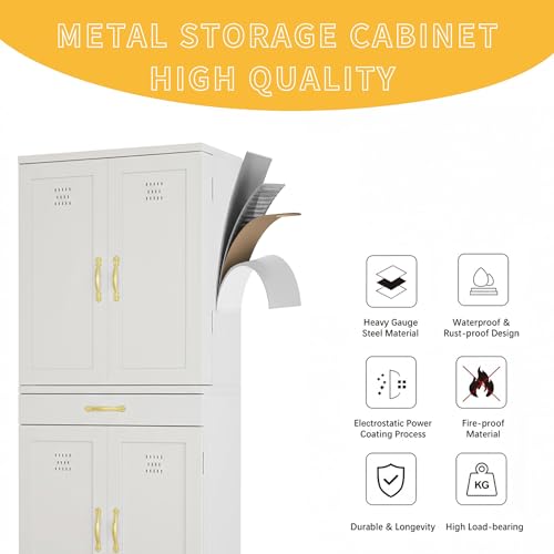 DWVO Metal Storage Cabinet, 71" Kitchen Pantry Cabinet with 4 Door & 4 Adjustable Shelves & Drawer & Door Rack, 6-Tier Tall White Steel Cabinets for Kitchen, Living Room, Dining Room DWVO