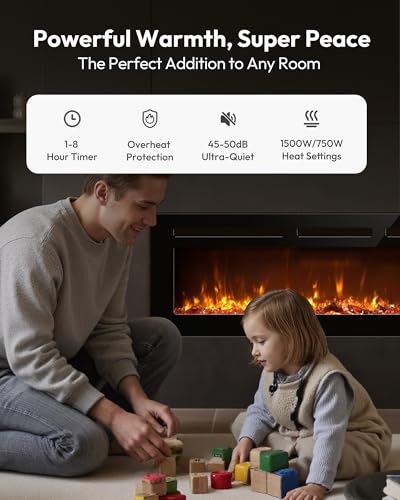 EUHOMY 60 Inch Electric Fireplace Recessed Wall Mounted with Remote Control, Fireplace Heater with Adjustable Flame Color, Linear Fireplace with Timer, Log & Crystal, 750/1500W (2026 Upgrade) E EUHOMY