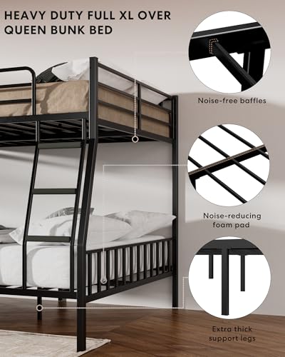 Miscoos Full XL Over Queen Metal Bunk Bed, Heavy-Duty Bed Frame with EVA Rubber Cover Ladder & Safety Guardrails, Space-Saving Sturdy Queen Bunk Bed for Adults & Teens, Black Miscoos