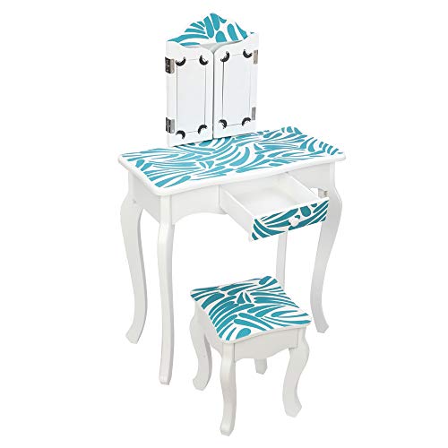 Ynredee Kids Vanity Set,Vanity Table and Chair with Three-Fold Mirror,Single-Drawing Curved Foot Children Dressing Table with Drawer (Blue and White) Ynredee