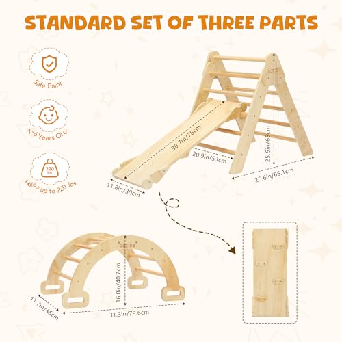 CoziBB Pikler Triangle Set, 5 in 1 Wooden Montessori Climbing Toys Baby Indoor Playground Gym, Foldable Indoor Climbing Toys with Ramp, Arch Climber, Baby Climbing Toys for Toddlers 1-3 Inside CoziBB