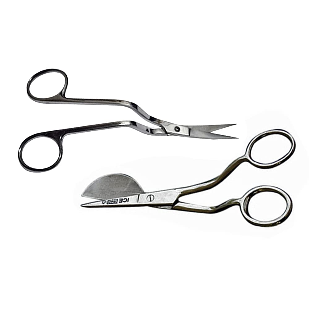 6 Inch Stainless Steel Applique Duckbill Scissors Blade with Offset Handle & 6 Inch Machine Embroidery Double Curved Scissors Bundle Belle Draft