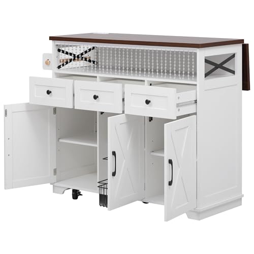Ball & Cast Farmhouse Kitchen Island with Drape of Beads & Power Outlet, Rolling Kitchen Cart on 5 Wheels, 3 Drawers, Internal Iron Shelf & Towel Rack, for Kitchen & Dining Room, White Ball & Cast