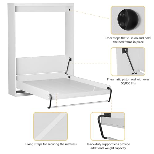 ROOMTEC Full Size Murphy Wall Bed, White, Space-Saving Furniture Bed Frame for Bed Room,Guest Room,Home Office ROOMTEC