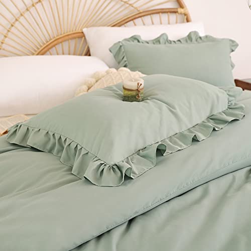 JANZAA Twin Comforter Set Sage Green Comforter Set 2PCS Ruffled and 1 Pillow Case Fluffy Vintage Farmhouse Shabby Chic Bedding Soft All Season JANZAA