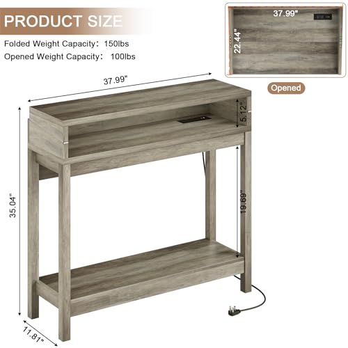REDAYFUR Console Table with Charging Station, 38” Narrow Side Foldable Sofa Table with Shelves, Side Table with Charging, Entryway Table with Anti-Tip Design,Rustic,Rustic Gray REDAYFUR