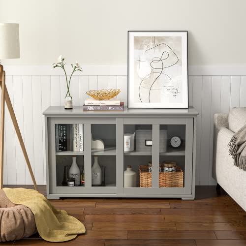 CHEFJOY Sideboard Buffet Cabinet, Stackable Cupboard Storage Table with Adjustable Shelf & Glass Sliding Doors, Wooden Credenza Coffee Bar Cabinet for Kitchen/Dining Room/Living Room/Entryway (Grey) CHEFJOY