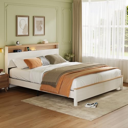 HoldoLife Bed Frame with Tall Headboard, King Size Platform Bed with Charging Station & LED Light, Modern Bedframe, Metal Support No Box Spring Needed, White Oak Finish HoldoLife