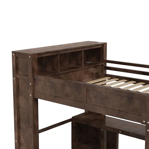 Queen Size Wooden Loft Bed with Wardrobe,Stairs and Desk,Bookcase Headboard with Storage Cabinet and USB Charging Station,for Kids Teens Adults Bedroom,No Box Spring Needed,Brown Harper & Bright Designs