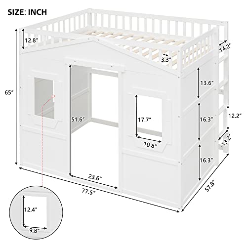 Merax Low Loft Bed Full Size with Underneath Play Space, Full House Loft Bed with 2 Windows and Ladder, Wood Bed Frame, No Box Spring Needed, White Merax